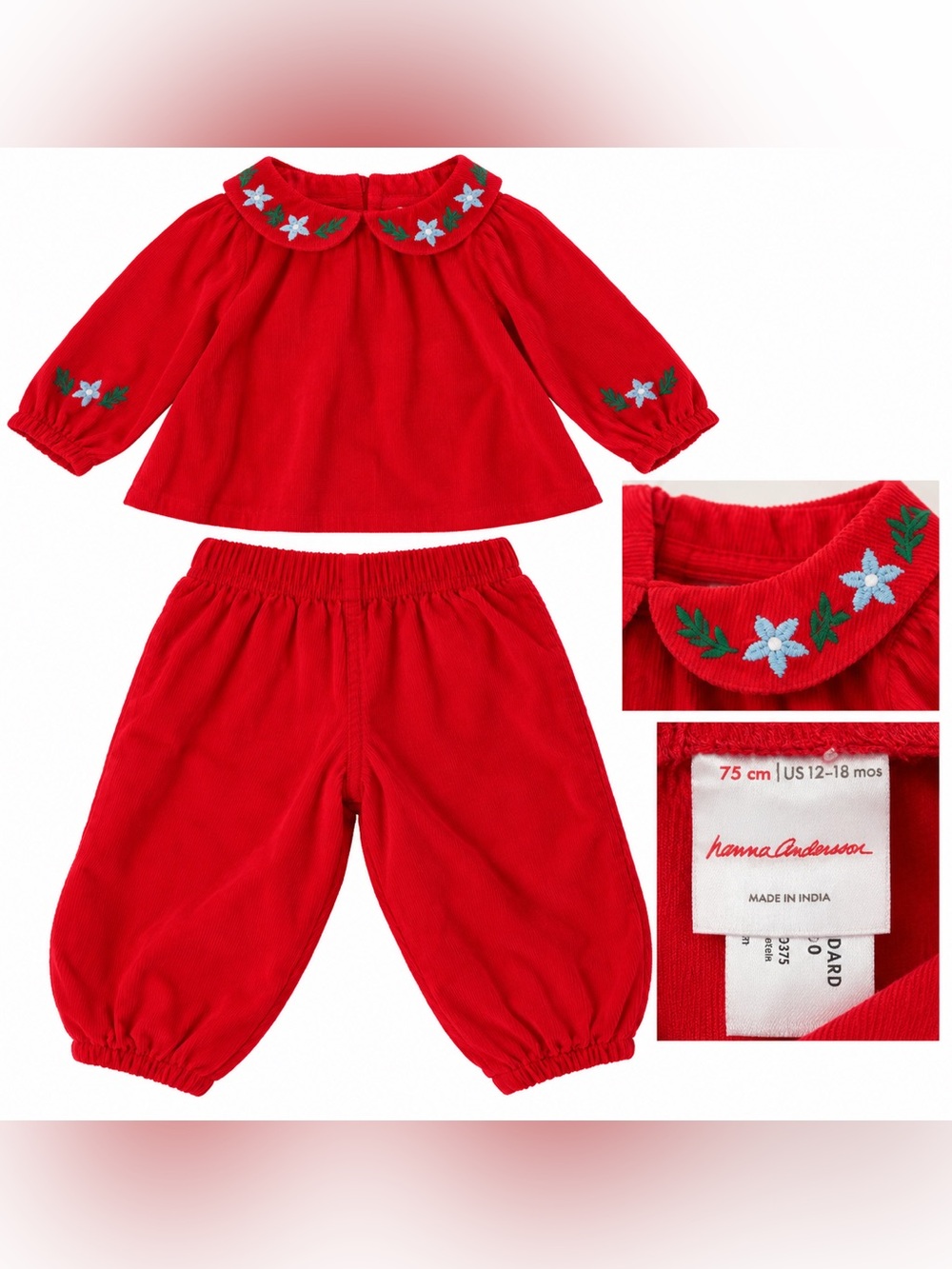 Hanna Andersson Red Corduroy Two-Piece Set with Floral Embroidery